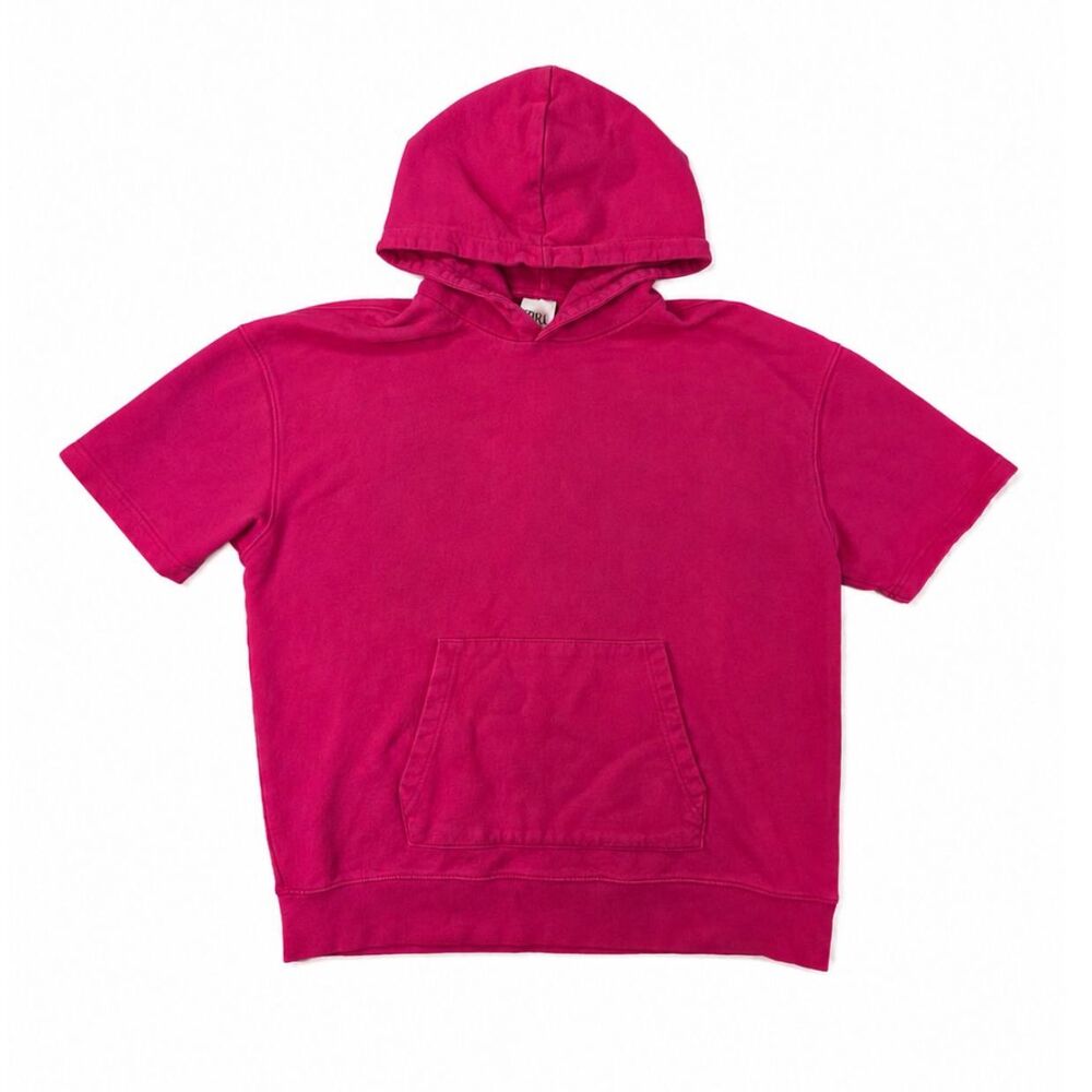 ZARA Men's L Pink Short Sleeve Hooded Sweatshirt Unisex Pullover Kangaroo Pocket